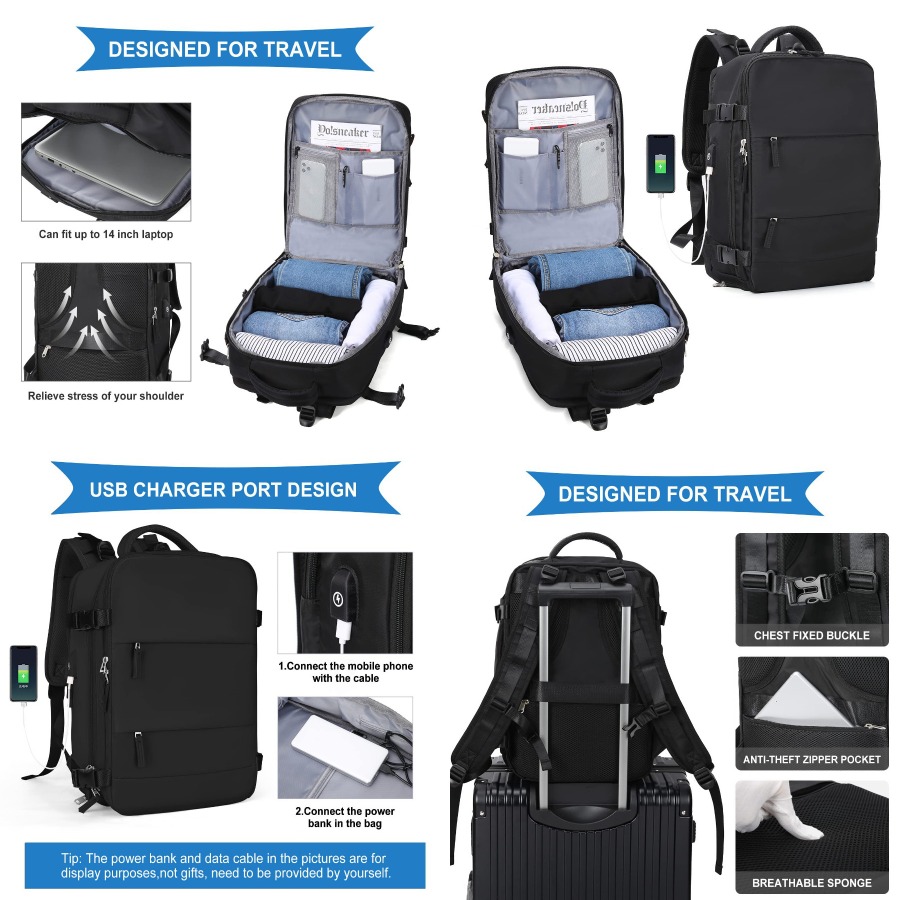 Women Bags Large - 【New Arrival】Black Travel Backpack with USB